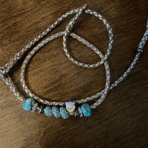 Braided White Blue and Silver Kangaroo Leather Dog Show Lead
